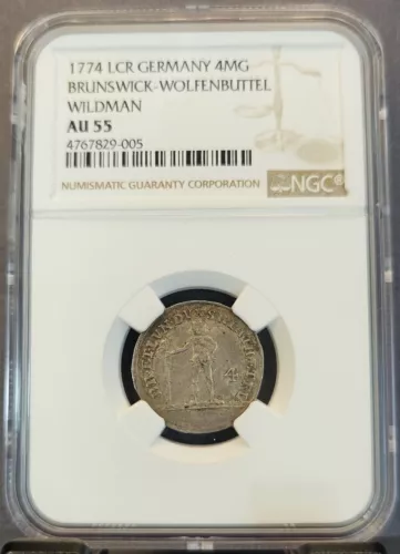 1774 LCR GERMANY SILVER 4MG BRUNSWICK WOLFENBUTTEL WILDMAN NGC AU 55 TOP POP 1