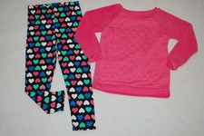 Girls PINK QUILTED SWEATSHIRT Fuzzy Sleeves BLACK LEGGINGS Color Hearts M 7-8