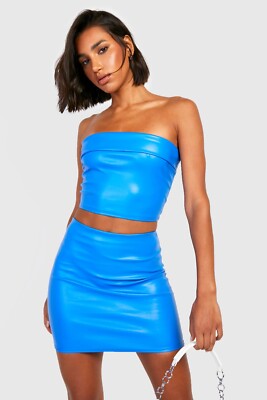 boohoo Faux Leather Fold Over Bandeau & Mini Skirt - Blue - Size 6
