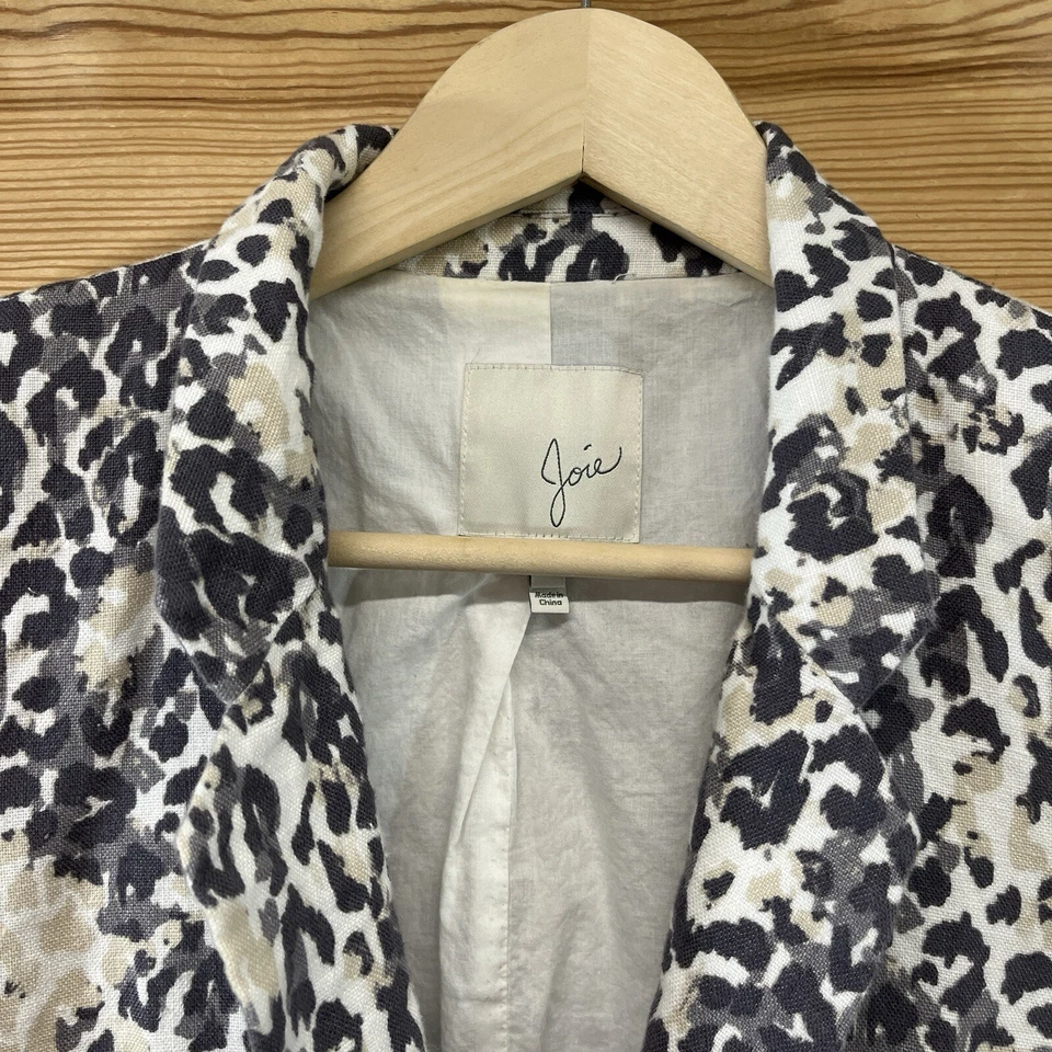 Joie Blazer Jacket 12 100% Linen Gray Beige Animal Print Lined 1 Button B165 - Image 2 of 4