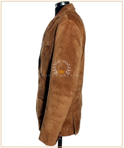 Carter Tan Men's New Smart 2 Buttons Real Cowhide Suede Leather Blazer Jacket - Picture 3 of 12