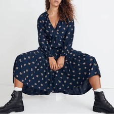 Madewell Challis Floral Midi Dress in Deep Indigo - Size Small