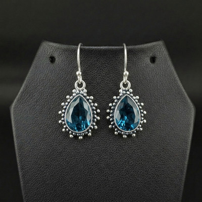 London Blue Topaz Gemstone 925 sterling silver Handmade Dangle Earrings 1.50''