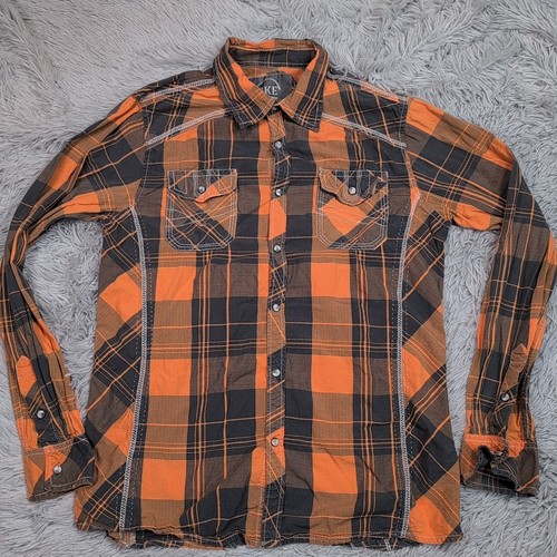 BKE Shirt Mens M Orange Plaid Pearl Snap Pockets Casual Grunge Skater Preppy