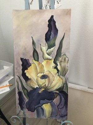 Purple & Yellow Flowers Iris Original Oil Artwork 24x12 Hand Painted Wall Art