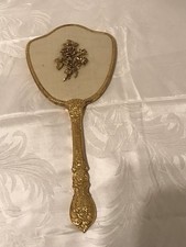 Ancien miroir à main Ormolu plaqué or 24 carats dos floral Hollywood Régence