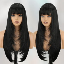 Black Long Straight Layered Wig with Bangs for Women 26 inch Put on Go Realistic