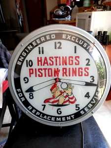 Vintage 1953 Hastings Piston Rings Glass Metal Lighted Clock 15inch ~NEAR MINT~