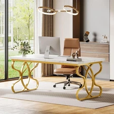 63-Inch Modern Computer Desk, White Office Executive Desk with Gold Metal Legs