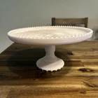 Jeanette Glass Shell Pink Milk Glass Cake Stand Beaded Edge