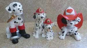 3 VTG. Fireman Dalmatian Dogs Enesco & Westland w Hats Boots Firehose Figurines