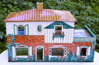 Vintage 1950s Tin Litho 2 Story Doll House