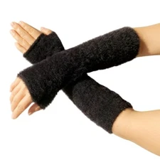 Women Arm Warmers Knit Mitten Mink-Like Furry Fingerless Gloves with Black