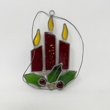 Vintage Stained Glass Christmas Candles  Holly Suncatcher Window Hanging 7  