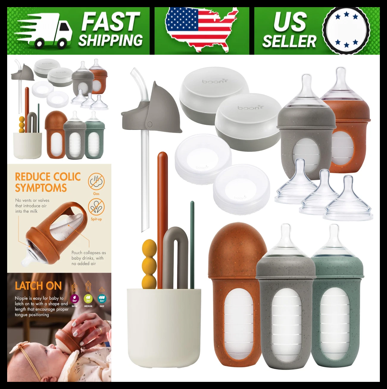 Boon Nursh Baby Bottle Gift Set with Bottles, Lids, Nipples, Brush Set