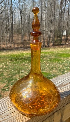 Blenko 6516 Honey Amber Crackle Glass Decanter W/ Stopper Joel Myers Mid Century