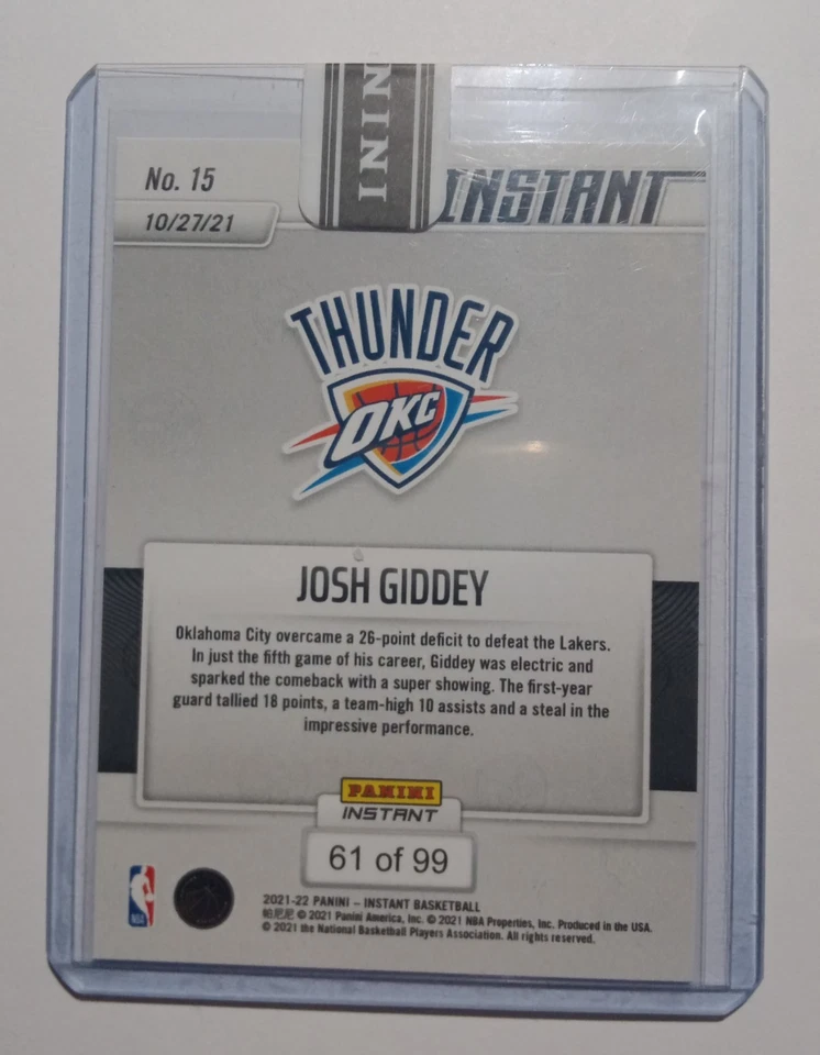 Josh Giddey 2022 Panini Double Red Rookie Card Instant 61/99 Limited Edition - Image 2 of 3