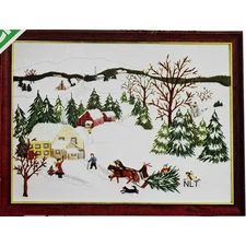 Vintage Crewel Embroidery Kit Snow Winter Scene Christmas Tree Church