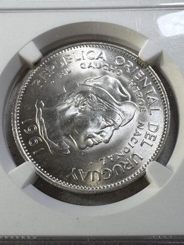 1961 Uruguay 10 Pesos Silver Coin Graded MS 66 by NGC Revolution Commemorative