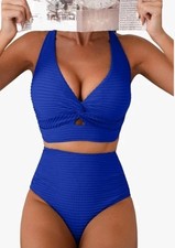Sz L Herseas Women's Textured Bikini Sets Twist Front Top Swimsuits High Waisted