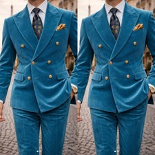 Blue Velvet Men's Suits Peak Lapel Double Breasted Wedding Groom Tuxedo 2 Pieces