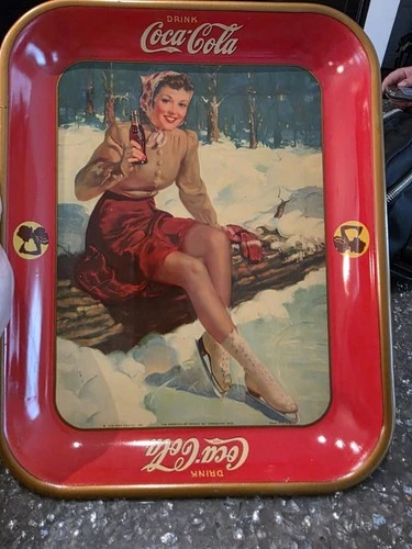 VINTAGE 1941 COCA-COLA GIRL ICE SKATING WINTER ADVERTISING TRAY