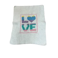 Hand Crocheted Pastel LOVE Small Baby Afghan White 28x28 Inches Gift