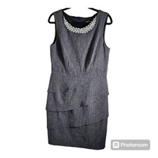 Connected Apparel Dress Sz 12 Gray Beaded Jeweled Neckline Tiered Cocktail Knee