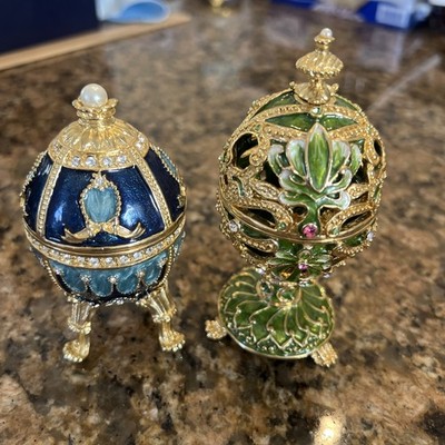 2 Rhinestone Jeweled Egg Trinket Boxes