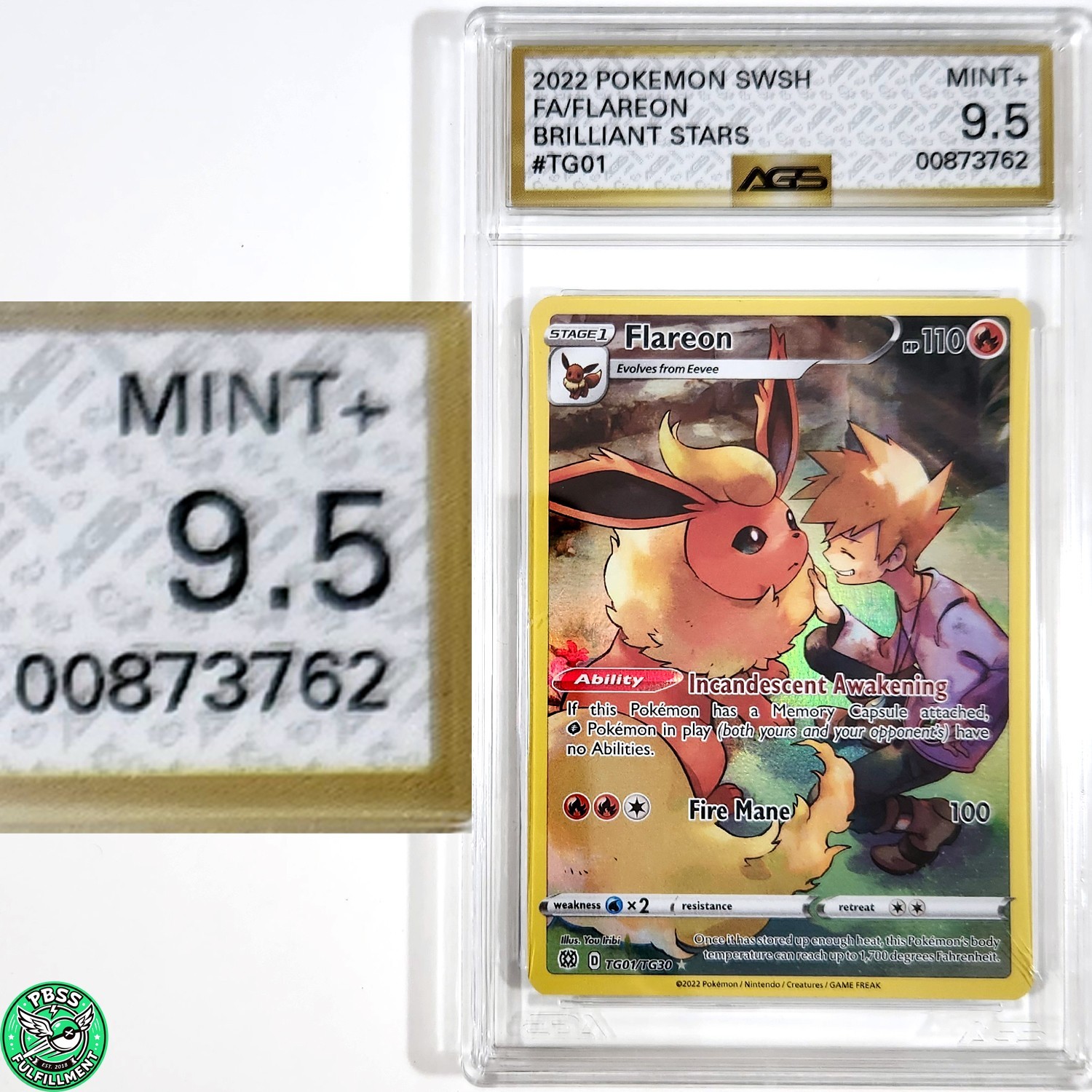 Pokemon TCG Flareon TG01 Swsh09 Brilliant Stars Trainer Gallery AGS 9.5 MINT+