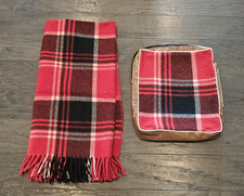 Vintage Stadium Throw Blanket Plaid Fringed Carrying Bag Matching Red Black