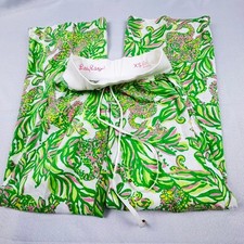 Lilly Pulitzer The Beach Pant XS Linen Drawstring Waist Green Pink Floral READ