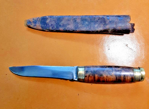 Vintage Finnish Puukko Knife Carbon Blade Birch Handle with Brass with Sheath