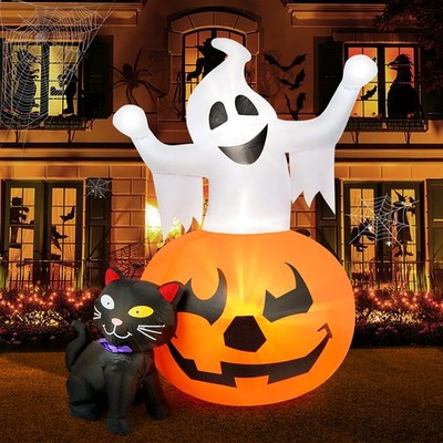 5 FT Halloween Inflatables Outdoor Spooky Pumpkin and Witch' s Black Cat Comb...