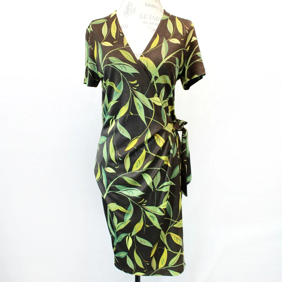 Adrianna Papell Green Classic Wrap 100% Silk Jersey Floral Mini Dress Sz 10 Y2K - Image 2 of 4