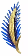 PIM Brooch Pin Joseph Piscitelli Rare Feather Leaf Palm Gold Enameled Blue