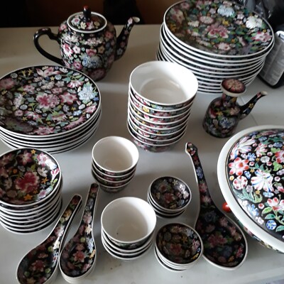 63 Piece Vintage Jingdezhen Chinese Famille Rose Noire