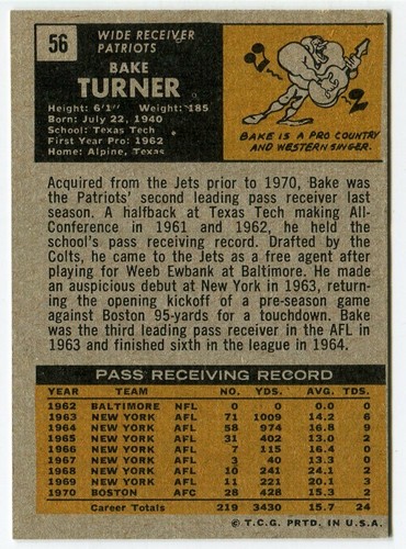 1971 Topps #56 Bake Turner Boston Patriots - Bild 2 von 2