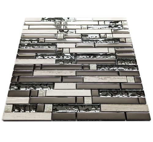 Luxury Grey Stone Chrome Silver Metal & Glass Rectangle Mosaic Wall Tiles 8mm - Picture 2 of 4