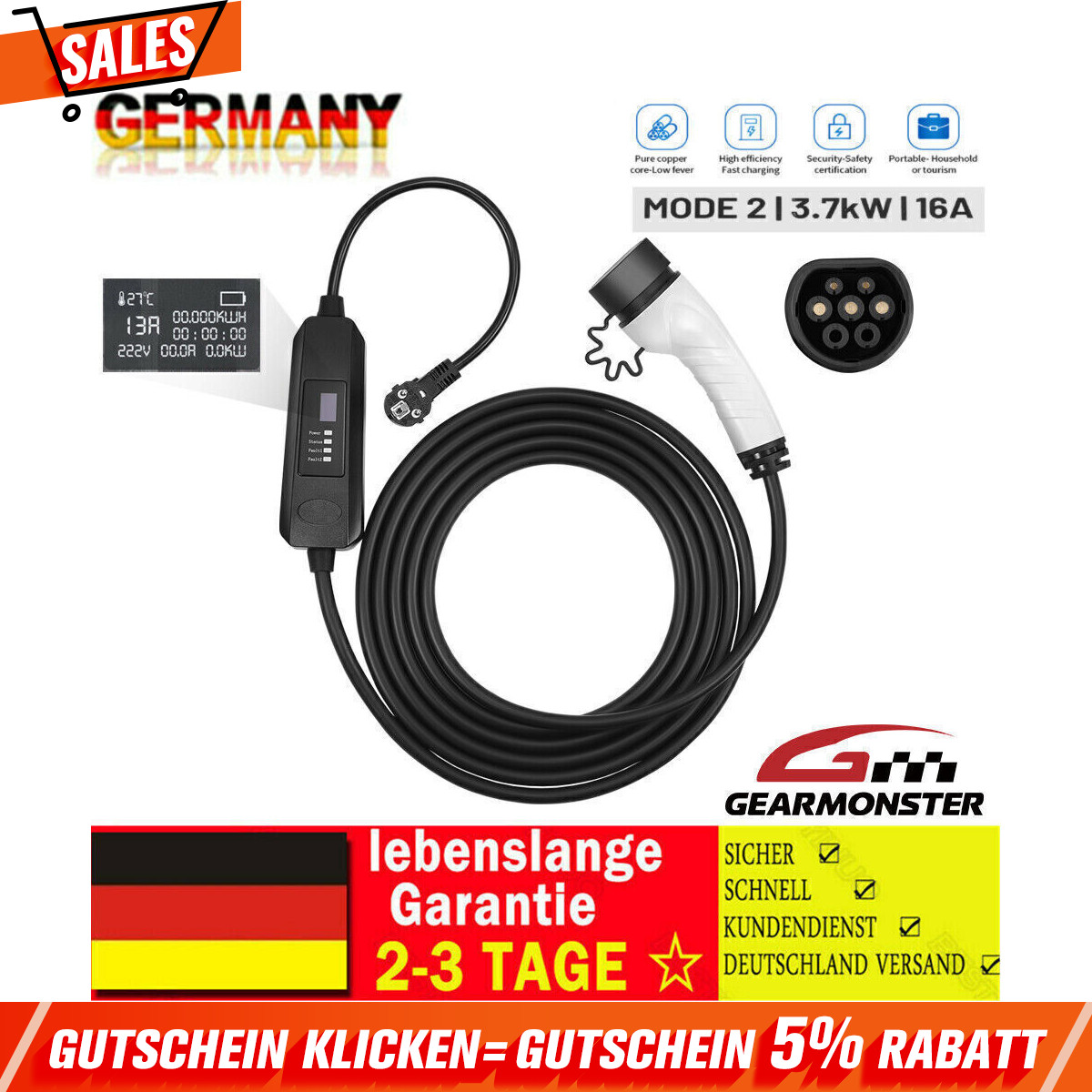 Typ 2 Zu Schuko Adapter 16A 3500W - Ladeadapter Für E-Bikes, Roller & Elektrogeräte