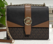 MICHAEL KORS GREENWICH SMALL FLAP CROSSBODY MK CHAIN BAG TOTE MK BROWN LOGO GOLD