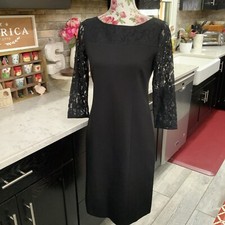 Talbots Size 2 Black Dress Ponte Knit Lace Sleeve And Trim Sheath Cocktail