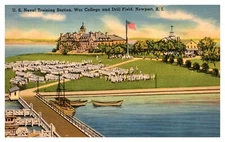 Newport RI US Naval Training Station War College & Drill Field Linen Postcard