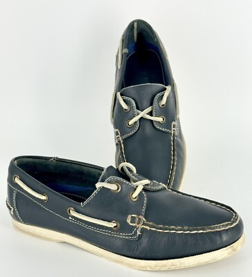 Lands End Womens Boat Shoes Blue Leather Lace Up Moc Toe Stitching