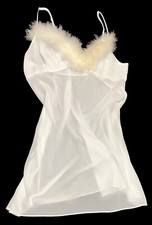 Carole Hochman New York White Silky Sheer Fuzzy Trim Nightie Nightgown M NOS