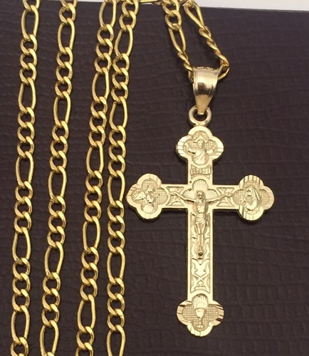 10k yellow Gold Religious Jesus Cross Crucifix Pendant Figaro chain 20 INcH - Picture 1 of 11