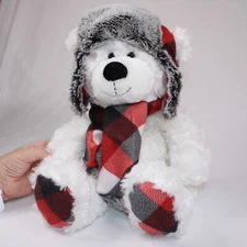 HUGFUN White Polar Christmas Teddy Bear With Red Plaid Scarf Hat Plush Toy 18" 