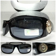HIP HOP GANGSTER BIKER Style SUNGLASSES Thick Black Frame Gold Logo Dark Lens