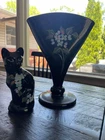 Fenton Glass Vase & Black Cat HP Floral
