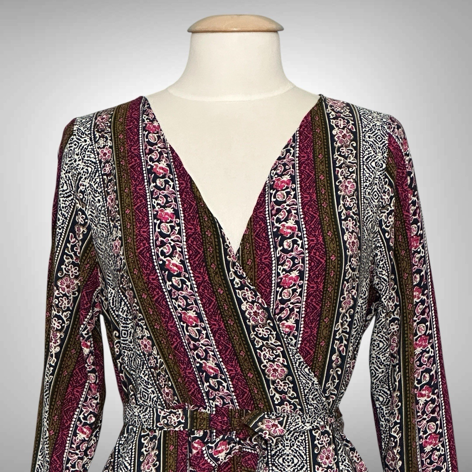 R Vivimos Womens Dress L Pink Green Stripe Wrap Ruffle Maxi Retro Peasant Boho